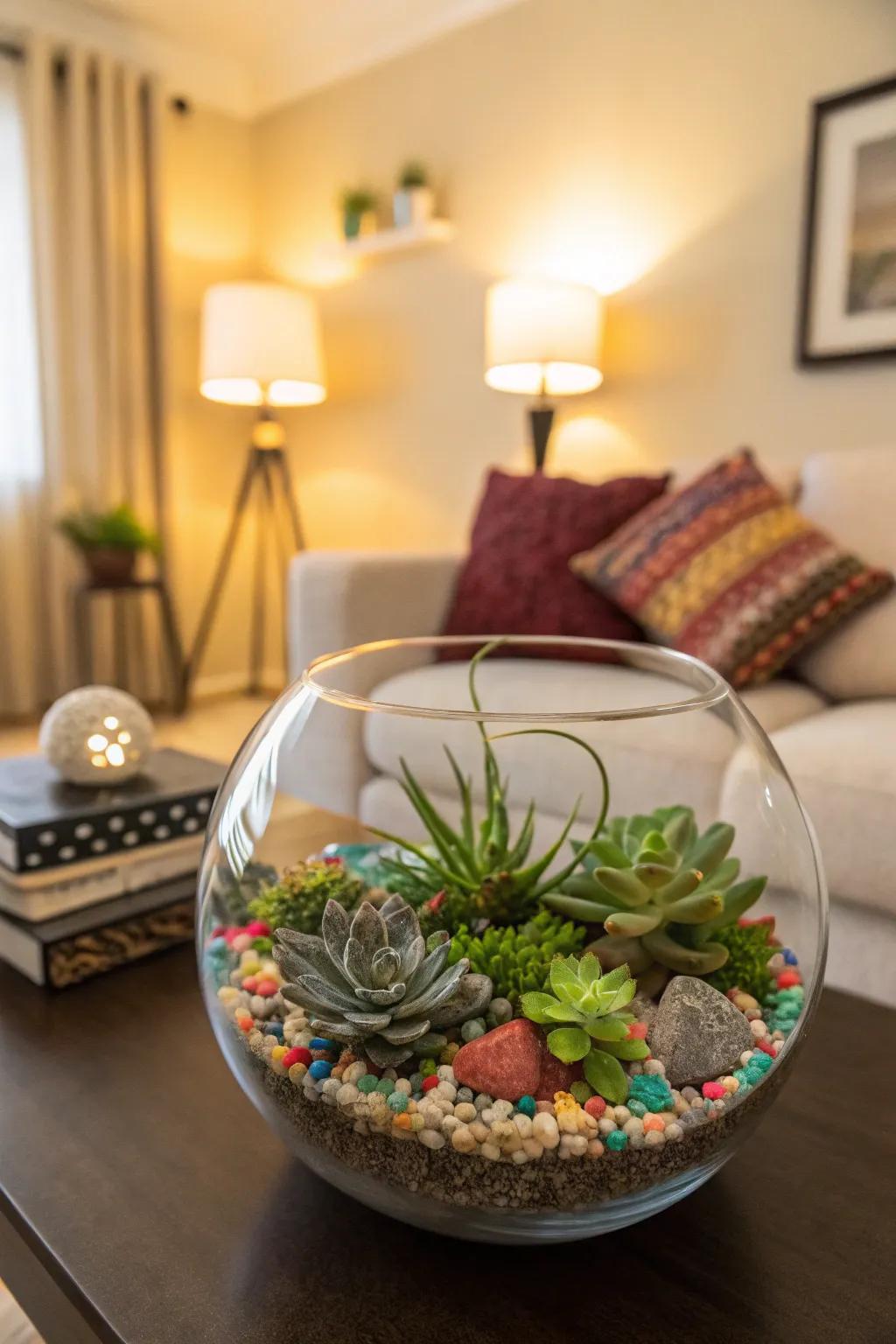 A fashionable indoor greenhouse featuring succulents and ornamental polished stones.