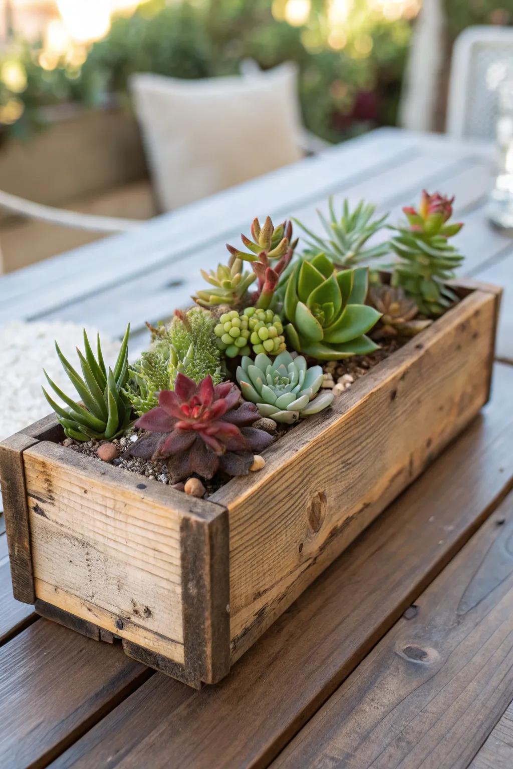 A wooden box planter gives your decor a rustic appeal.