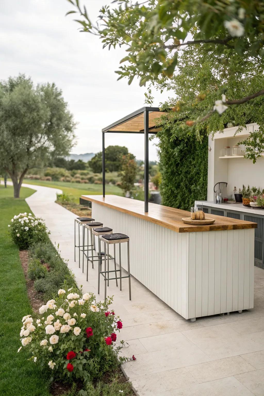 A smooth minimalist bar presents a calm and elegant ambiance.