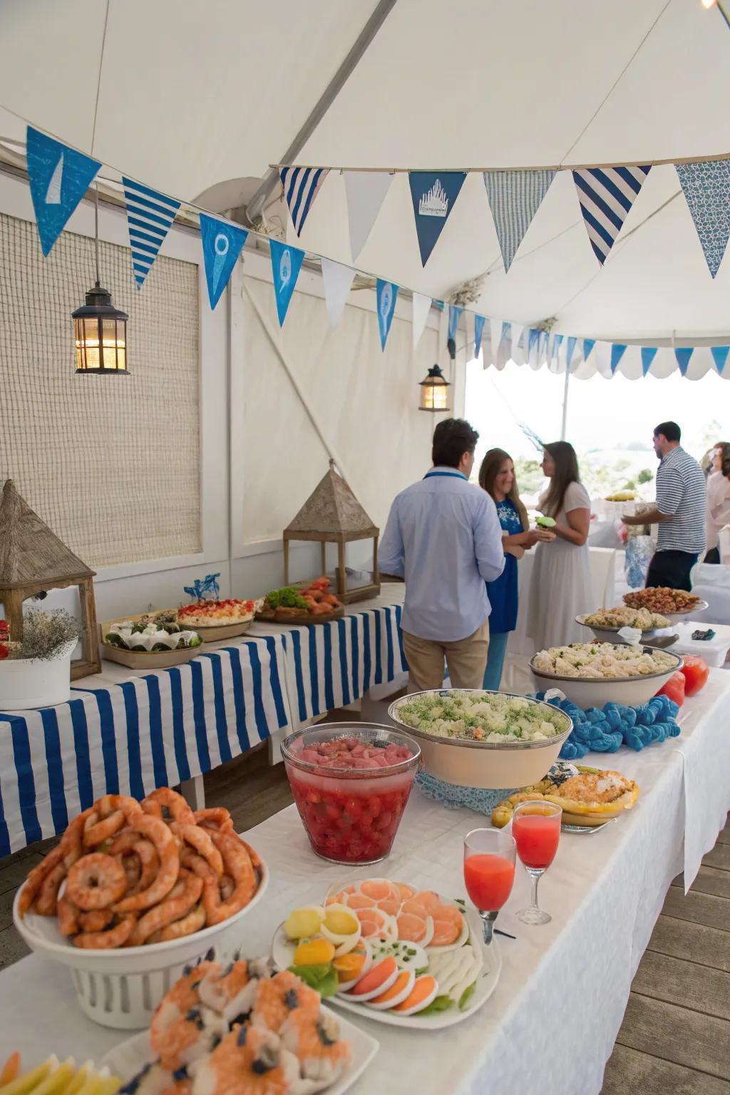 A coastal get-together featuring maritime decorations and ocean-inspired components.