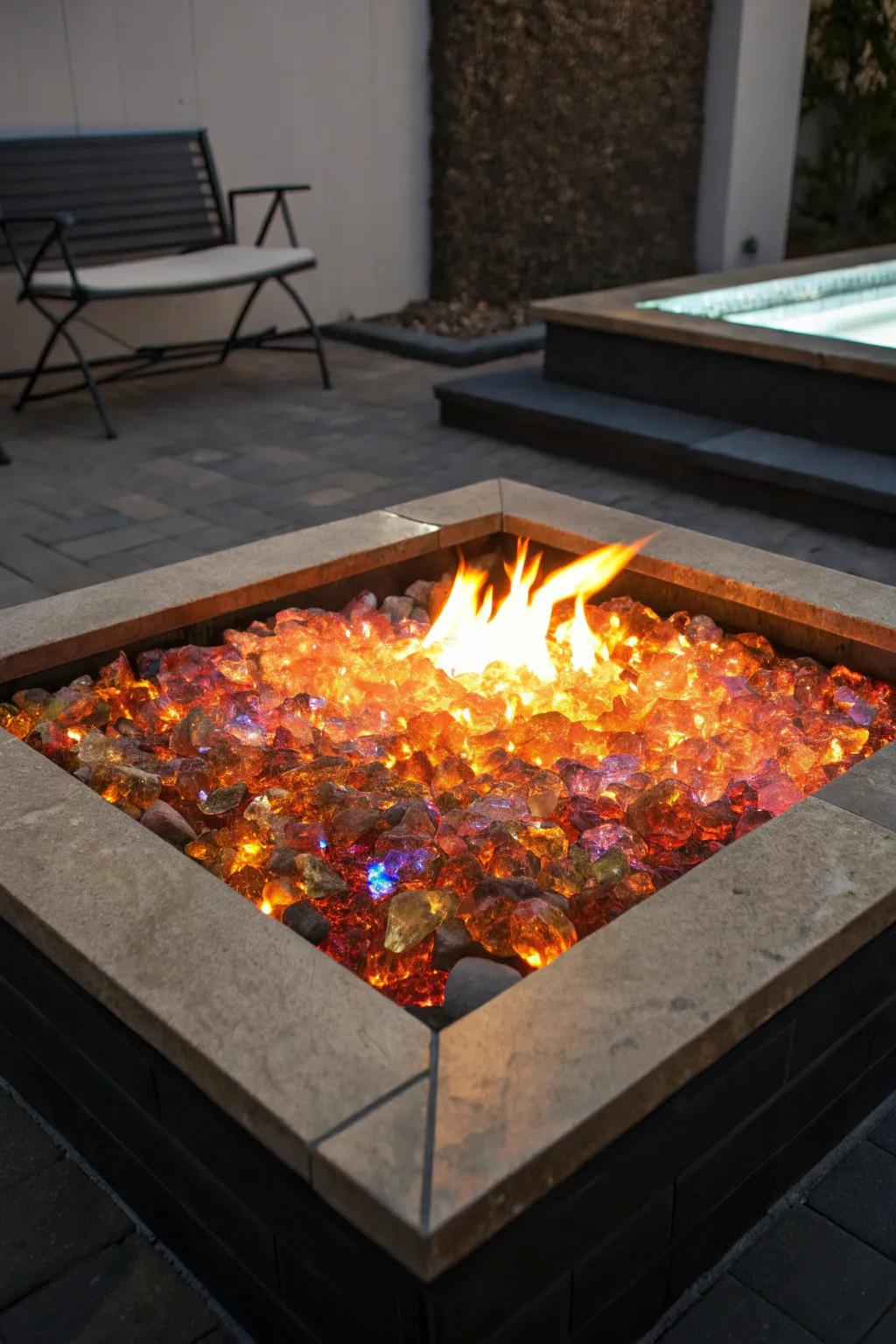 Hearth glass adds elegance and sparkle to this fire pit.