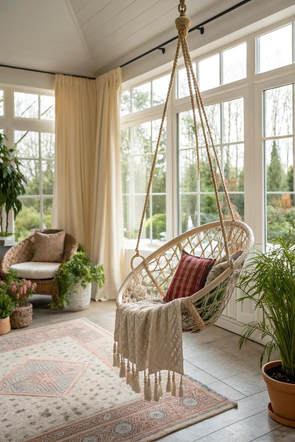 A suspended seat adds a touch of appeal to the sunroom.
