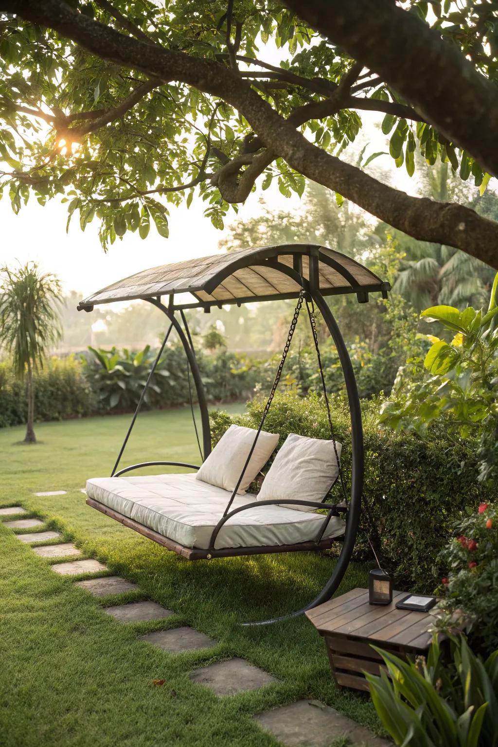 A C-shaped swing chair provides a stylish and comfortable outdoor lounging experience.