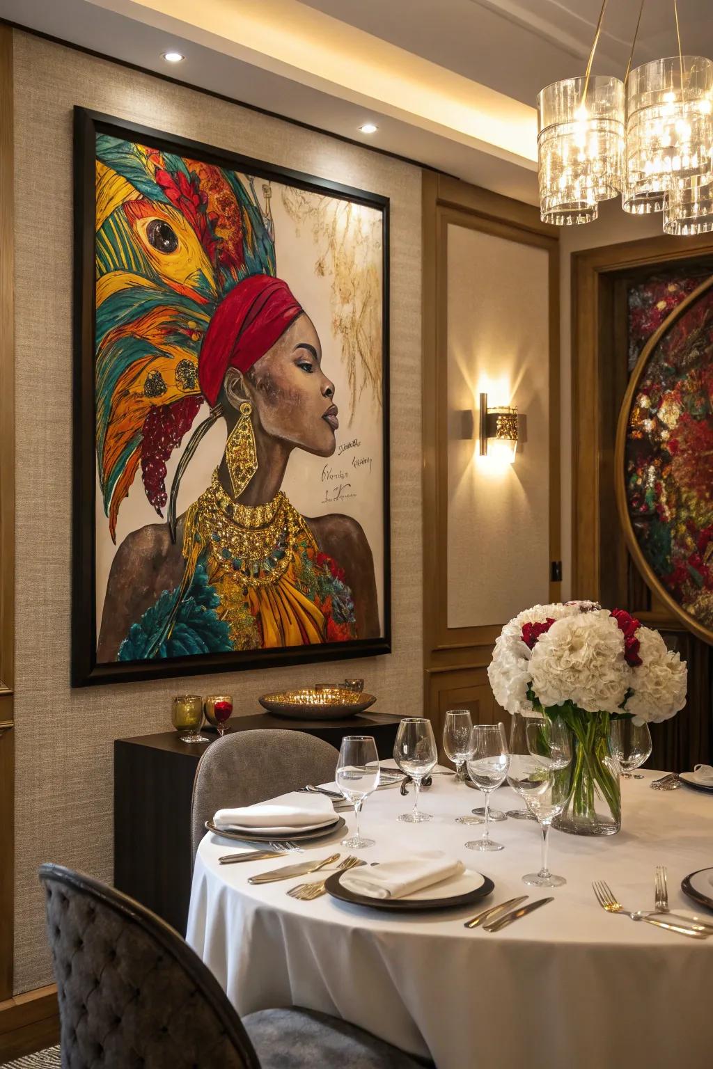 A bold art piece stands out vibrantly as a centerpiece.