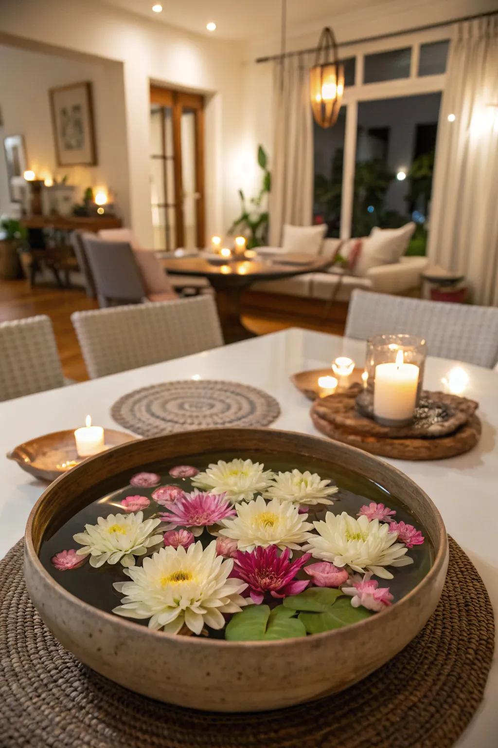 Floating blooms create a tranquil and calming centerpiece for any occasion.