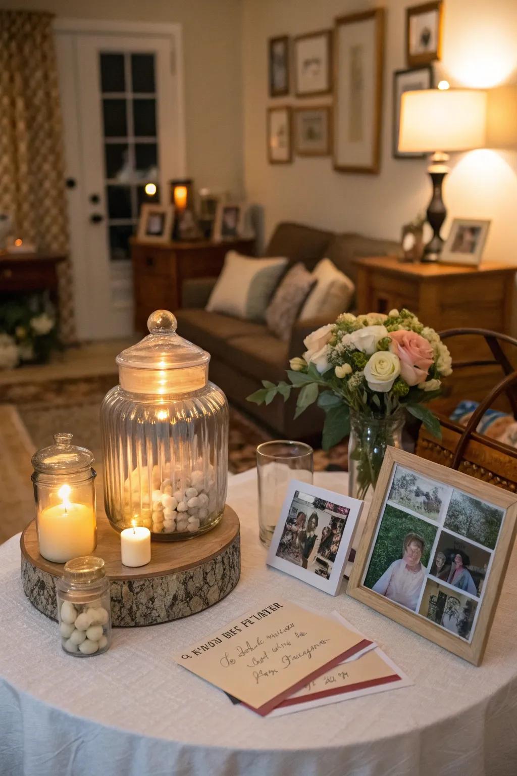 A memory jar inspires guests to contribute sincere notes and memories.