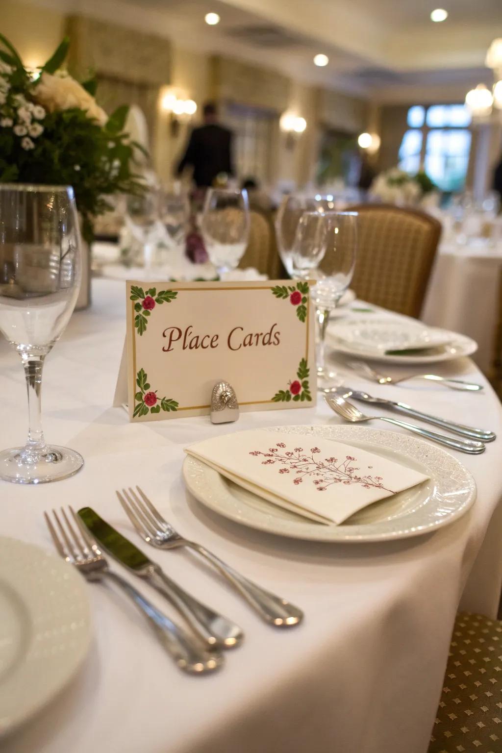 Personalized seating assignments add a special detail to the table.