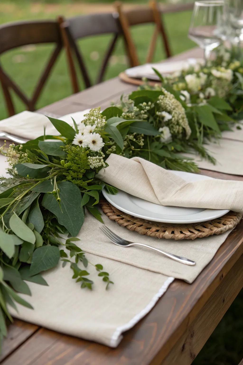 Nature-inspired decor with lush greenery and soft napkins.