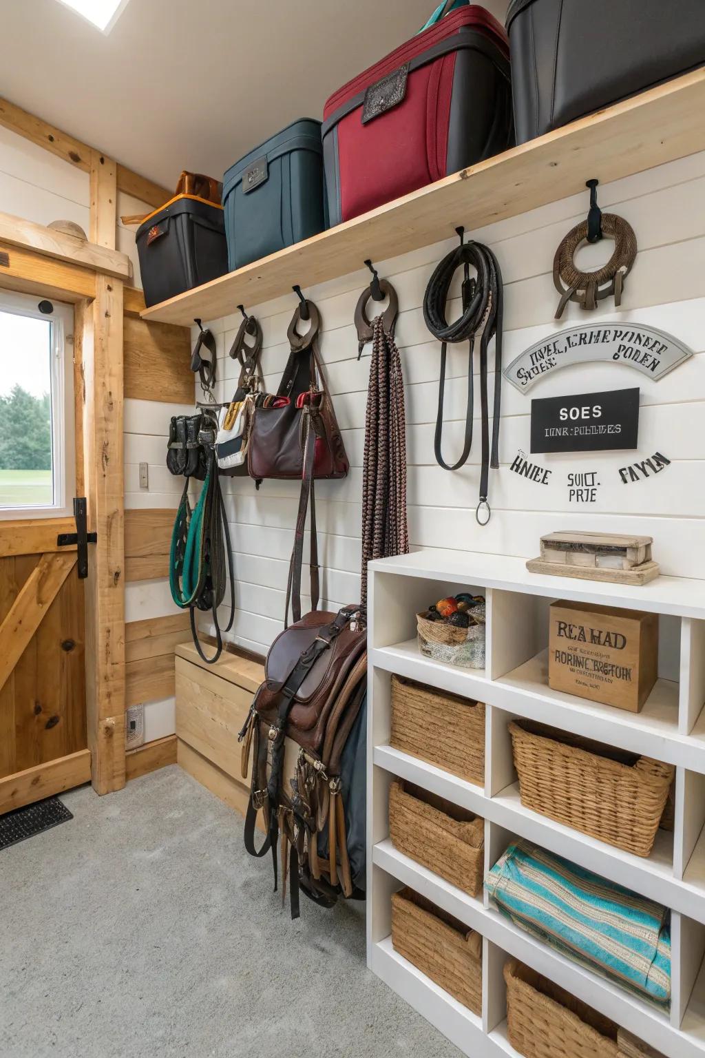Tailored and DIY storage solutions in a tack room.