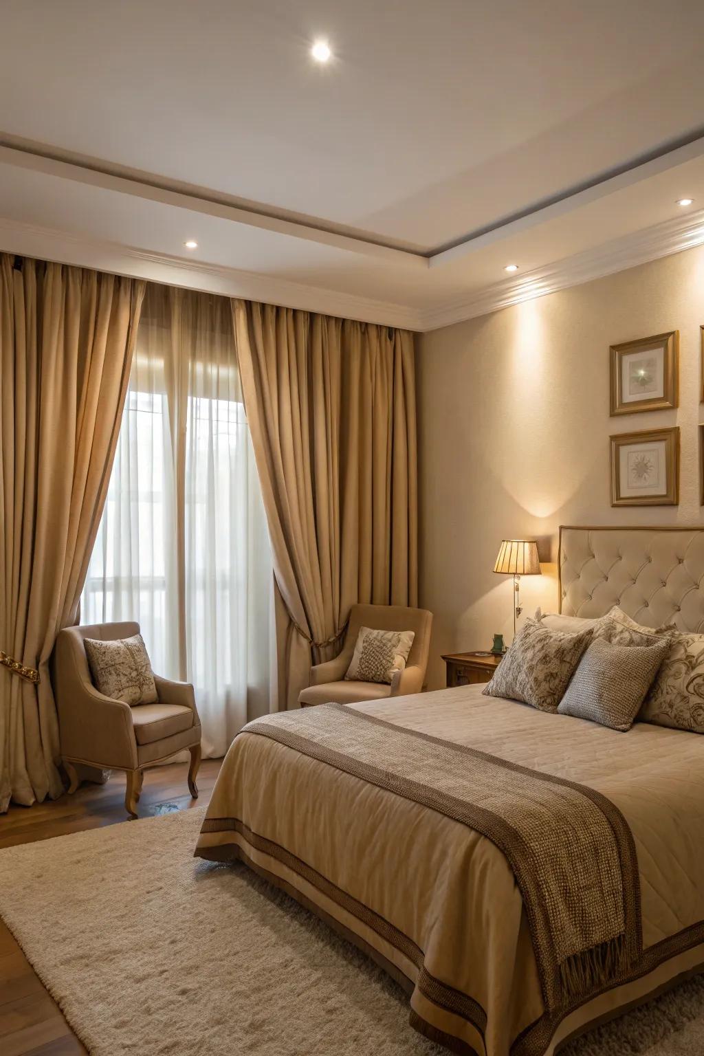 The tan bedroom looks harmonious because of matching curtains and furniture.