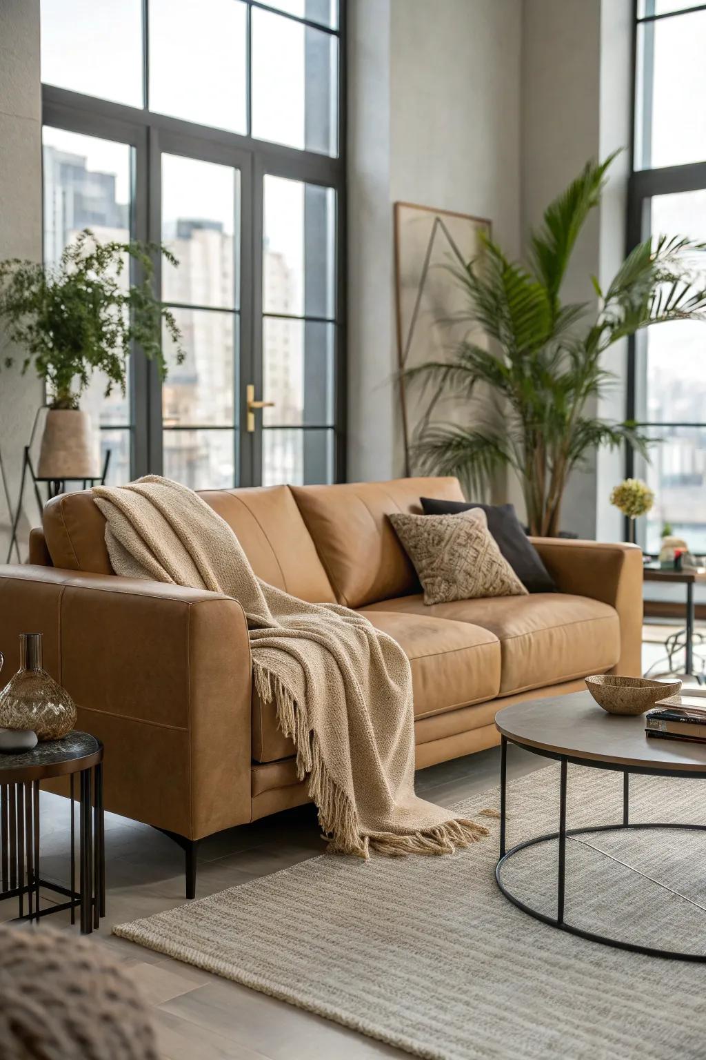 Modern and comfortable elements blend seamlessly with a sand-toned sofa.