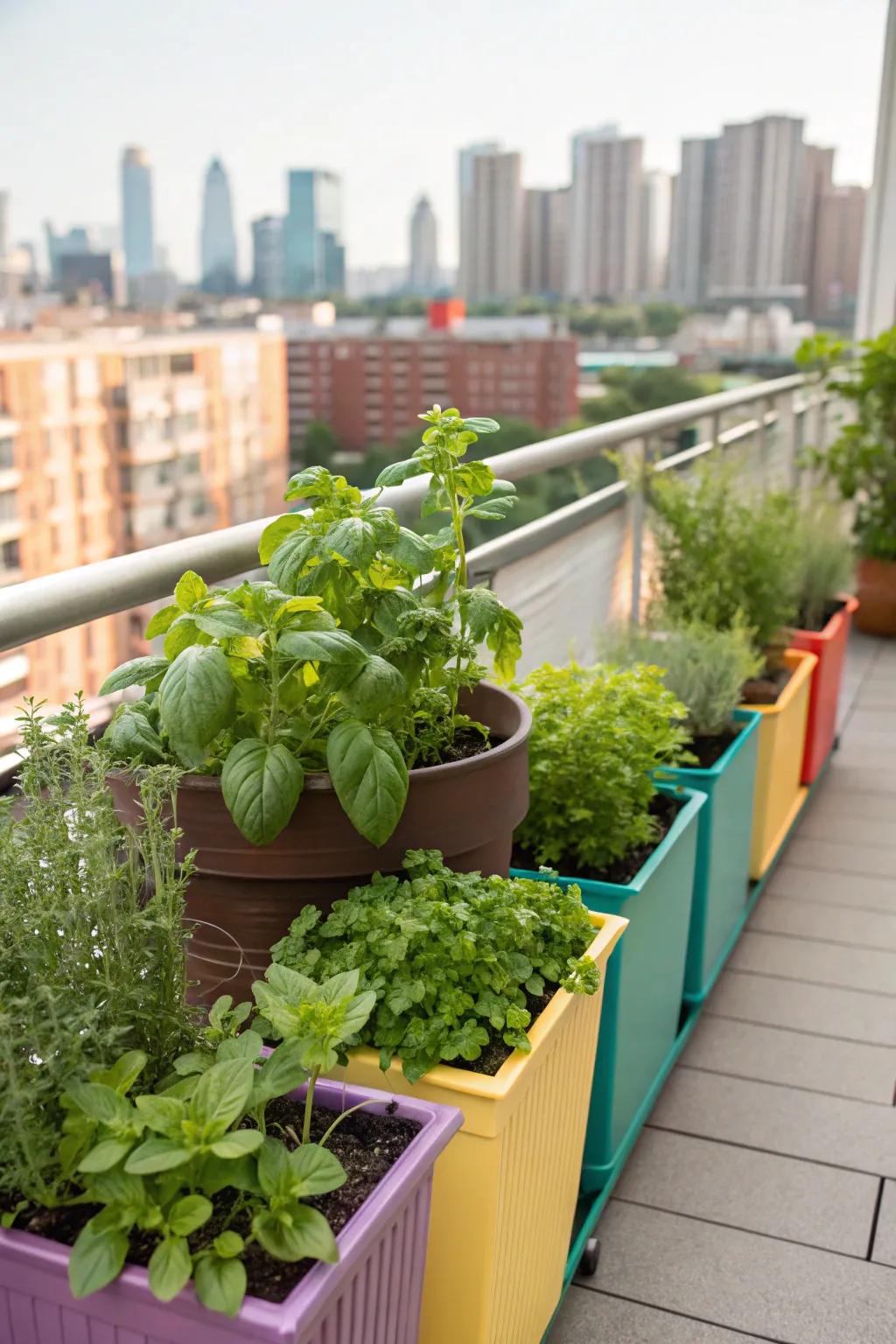 Herbs growing in containers, ideal for small rooms and city living.