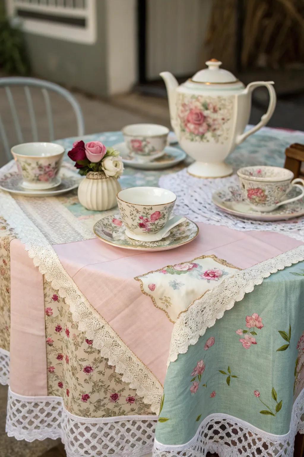 Layered fabrics create a rich and inviting atmosphere for the tea party.
