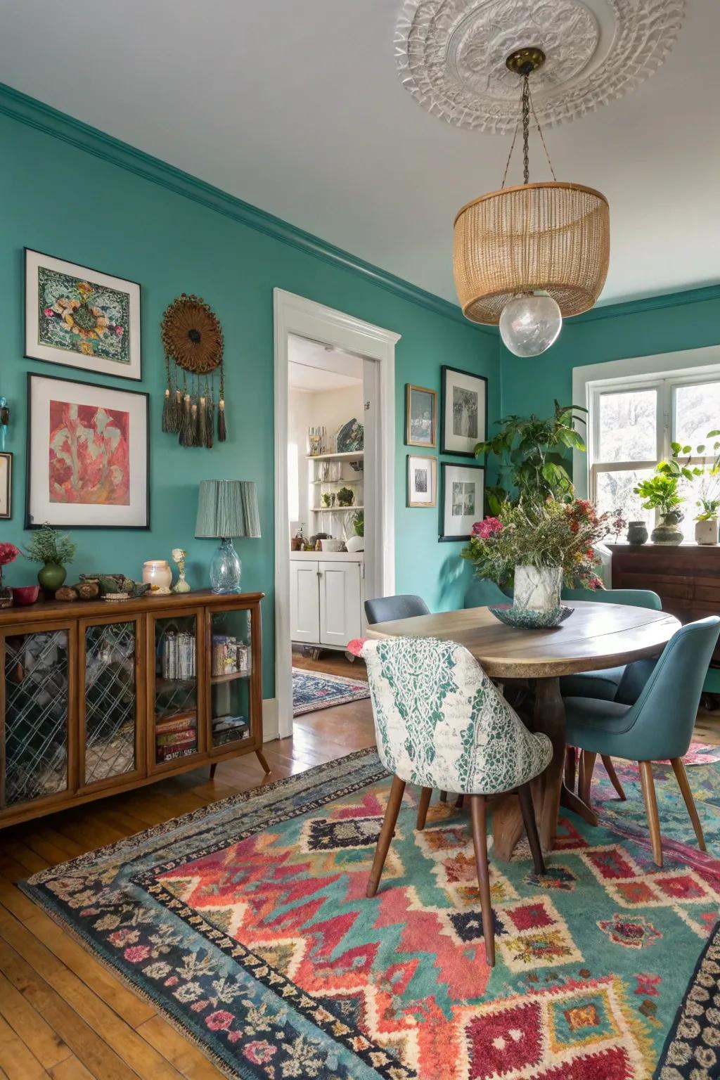 Teal and eclectic patterns combine to create a lively atmosphere