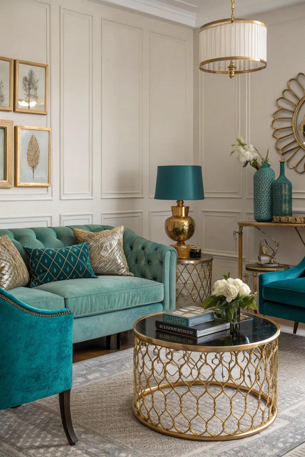 This living room is made more opulent by the pairing of teal and brass.