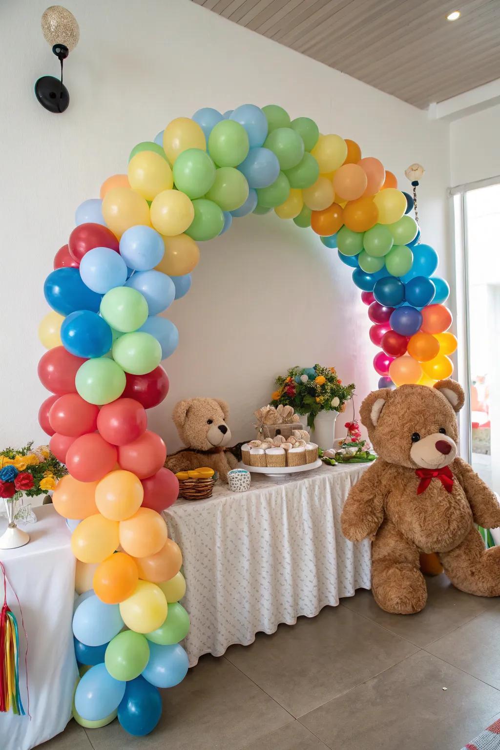 A joyful table festoon featuring sky orbs and cuddle toys.