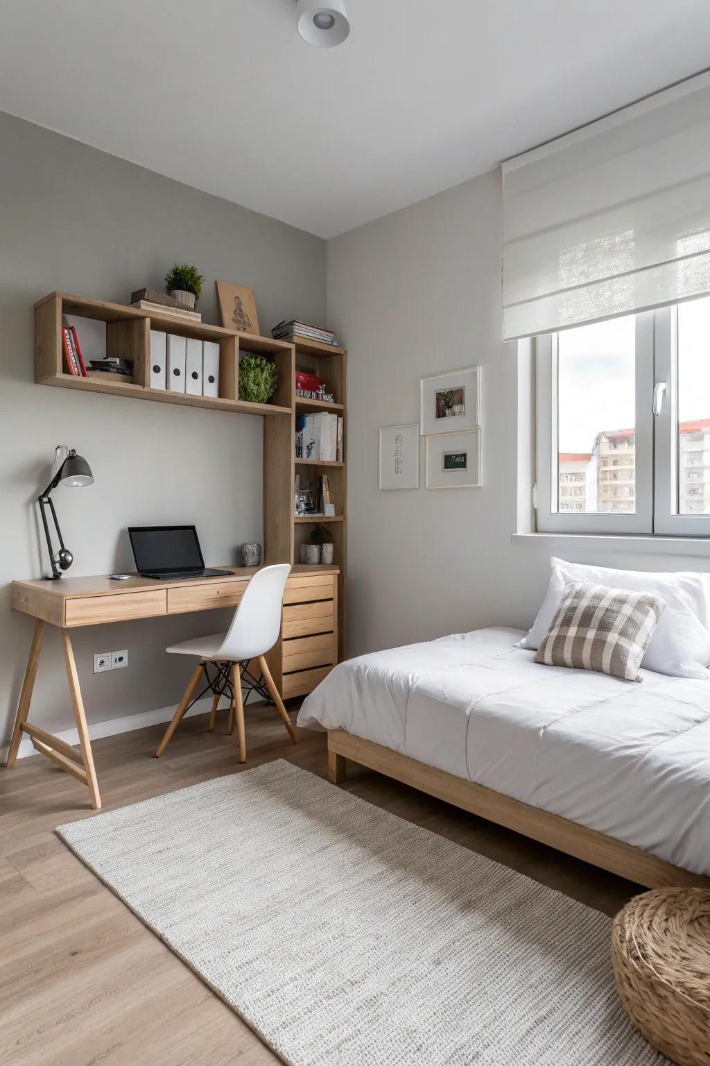 A simple teen boy's room with a peaceful and stylish design.
