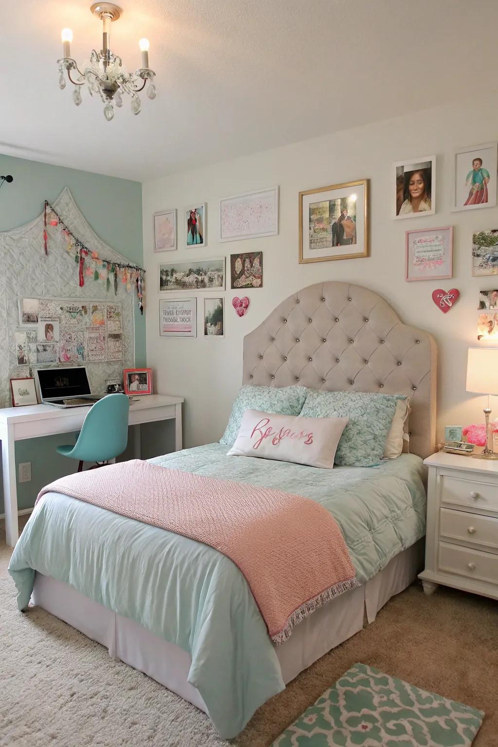A statement headboard introduces elegance and serves as a centerpiece in the space.