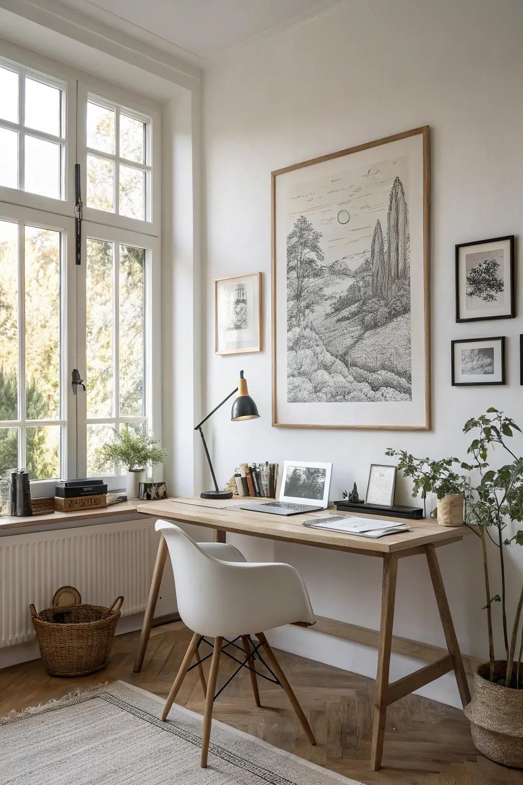 In this minimalist office, a pen and ink textured drawing adds refinement and detail.