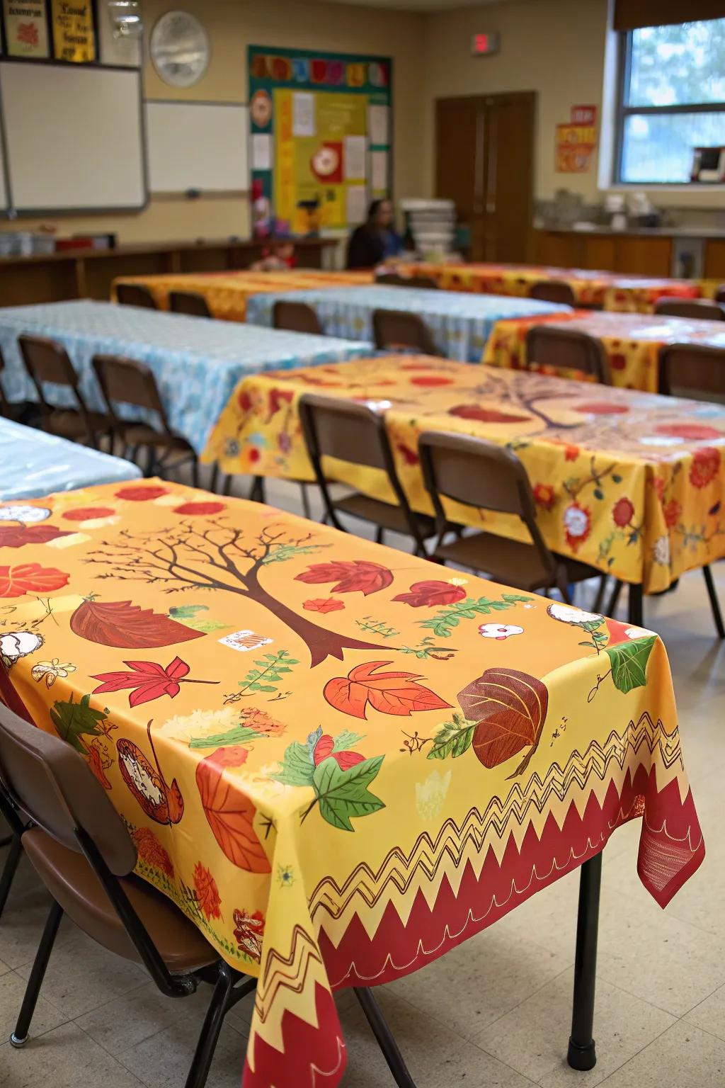 Celebratory tablecloths establish the atmosphere for Thanksgiving festivities.