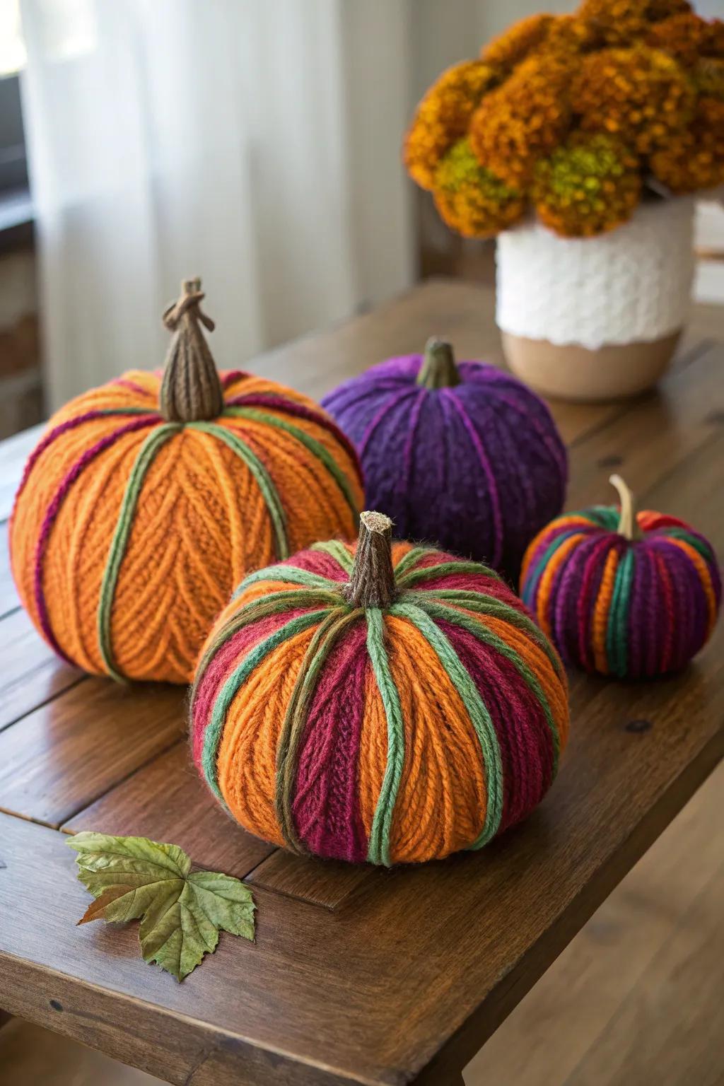 Inviting yarn-enclosed pumpkins introducing a soft feel.