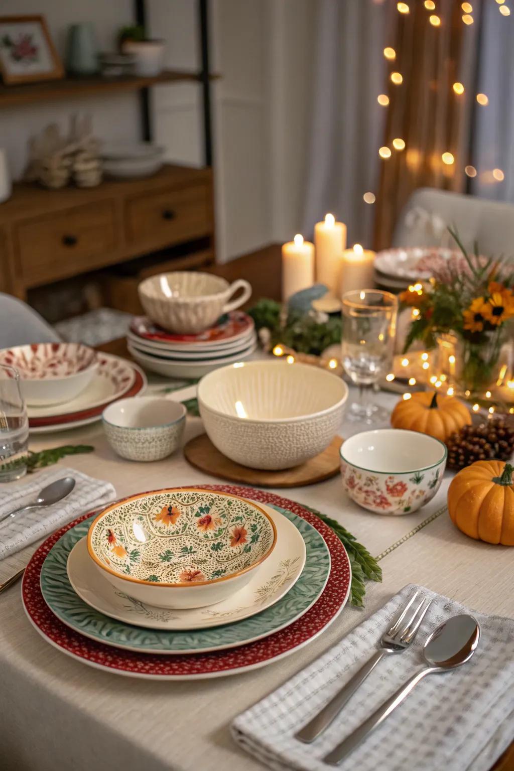 The diverse dinnerware creates a unique and customized table setting.