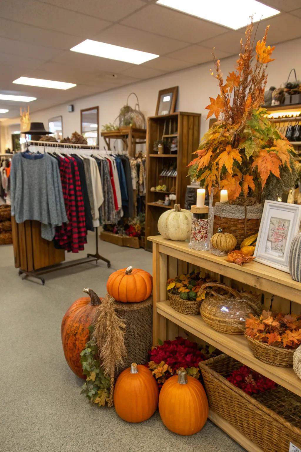 A seasonal arrangement with autumn-themed secondhand shop decor.