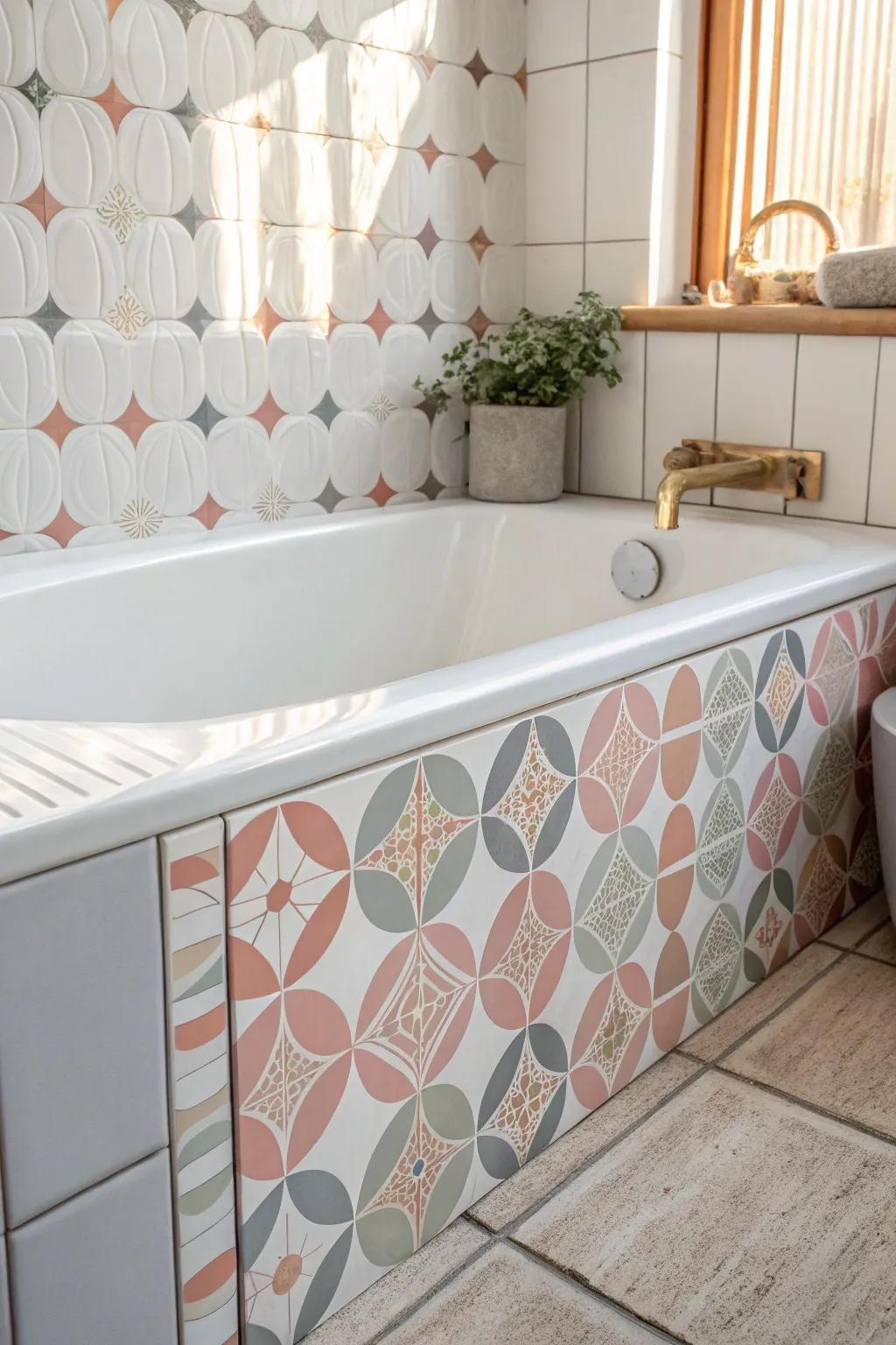 Transform your tub surround into a playful oasis with geometric tiles that bring a touch of whimsy and elegance to your bathroom.