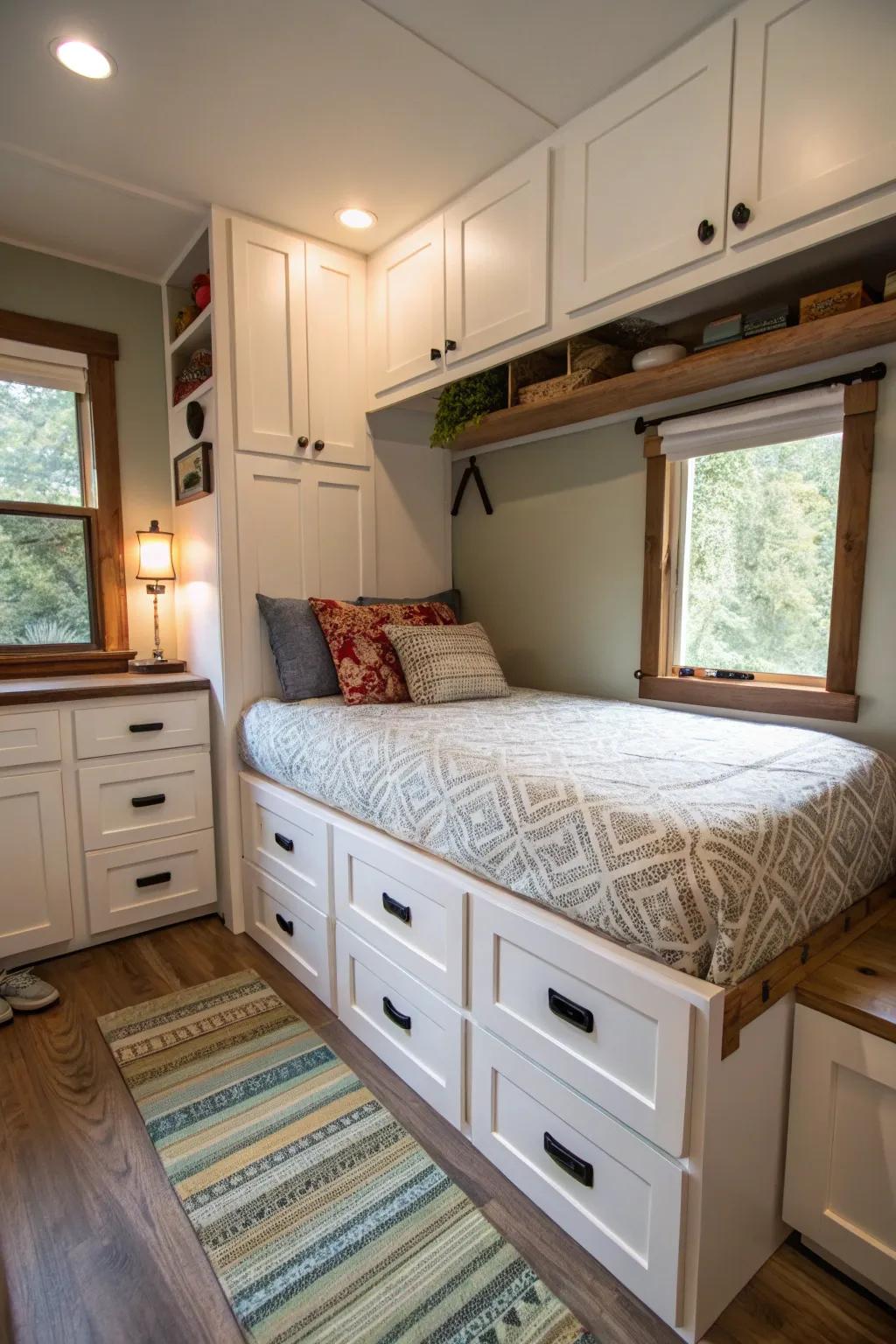 Concealed storage helps keep tiny homes tidy and organized.