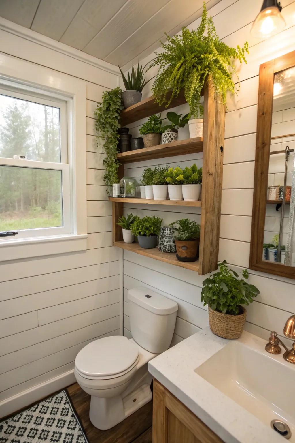 Plant life brings a sense of freshness and vibrancy to this small bathroom.