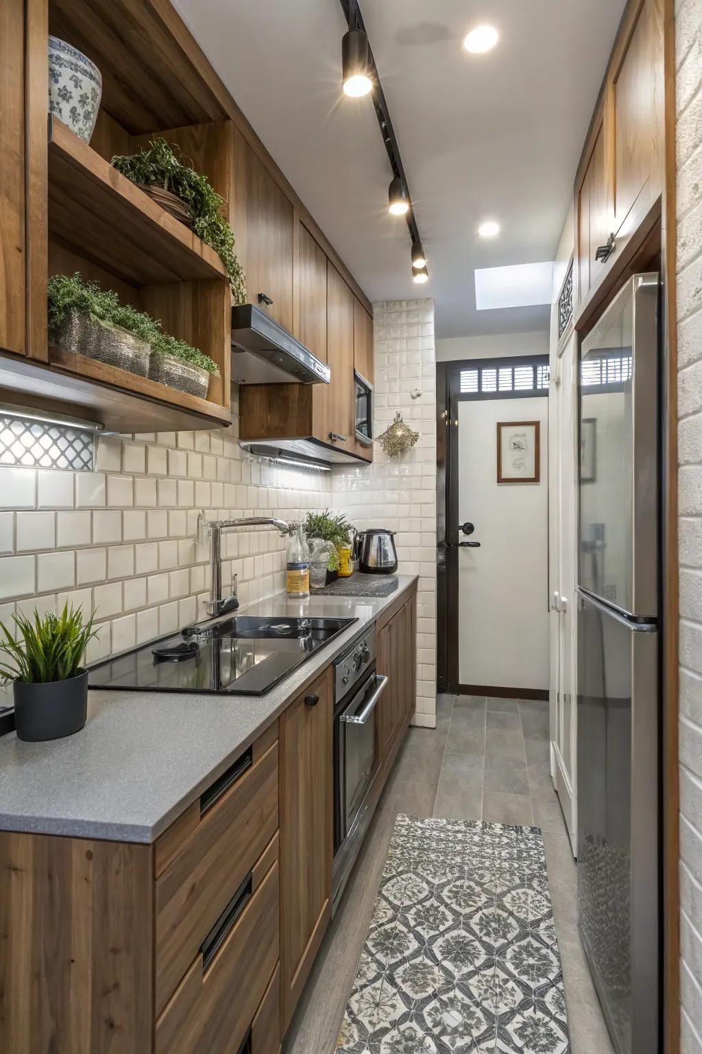 Combining materials cultivates a contemporary and chic aesthetic within a small kitchen.