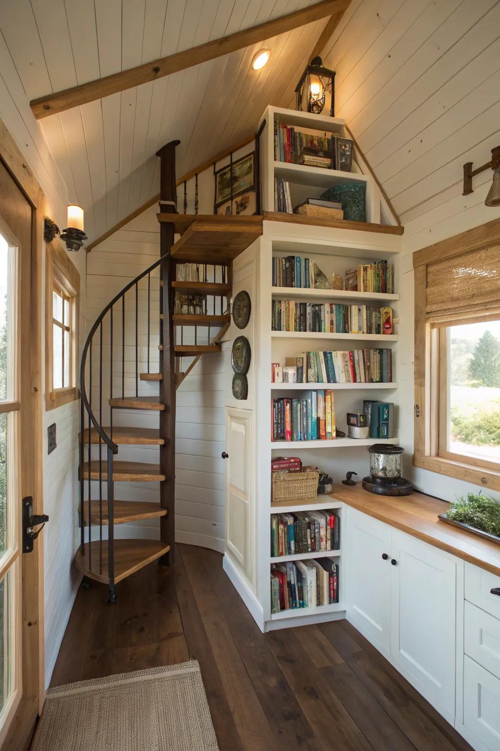 Spiral staircase featuring integrated storage within a tiny home