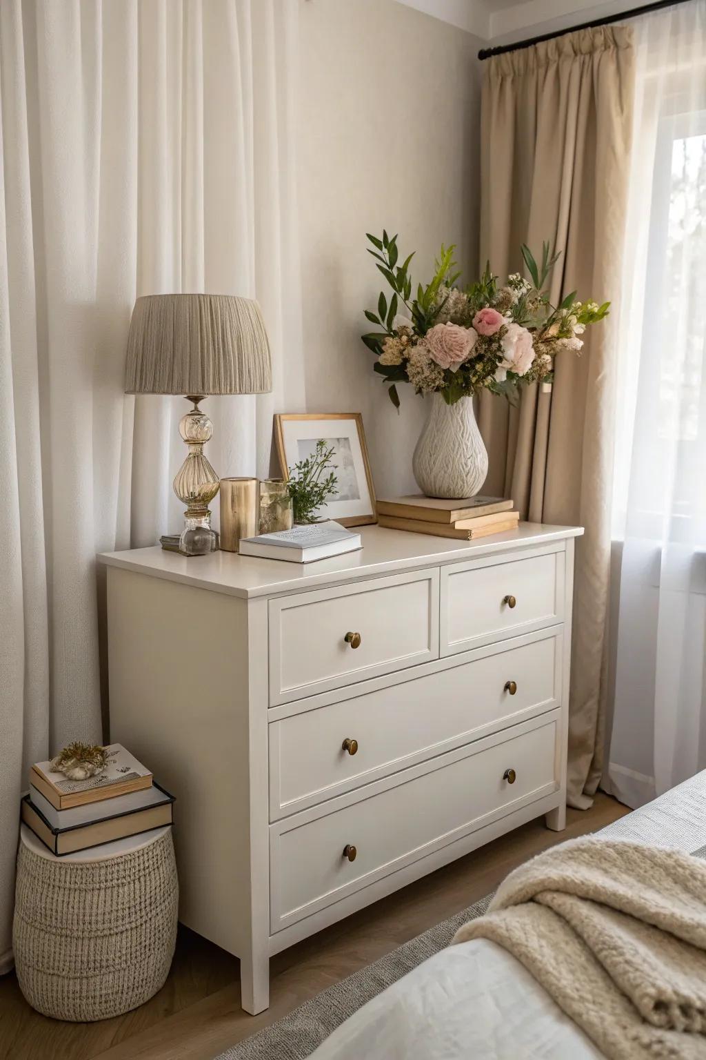 A calm, neutral palette on a dresser.