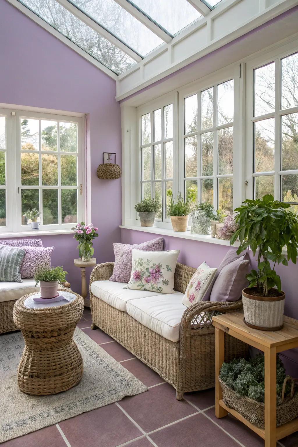 Lavender walls adding a whimsical and serene charm to the sunroom.