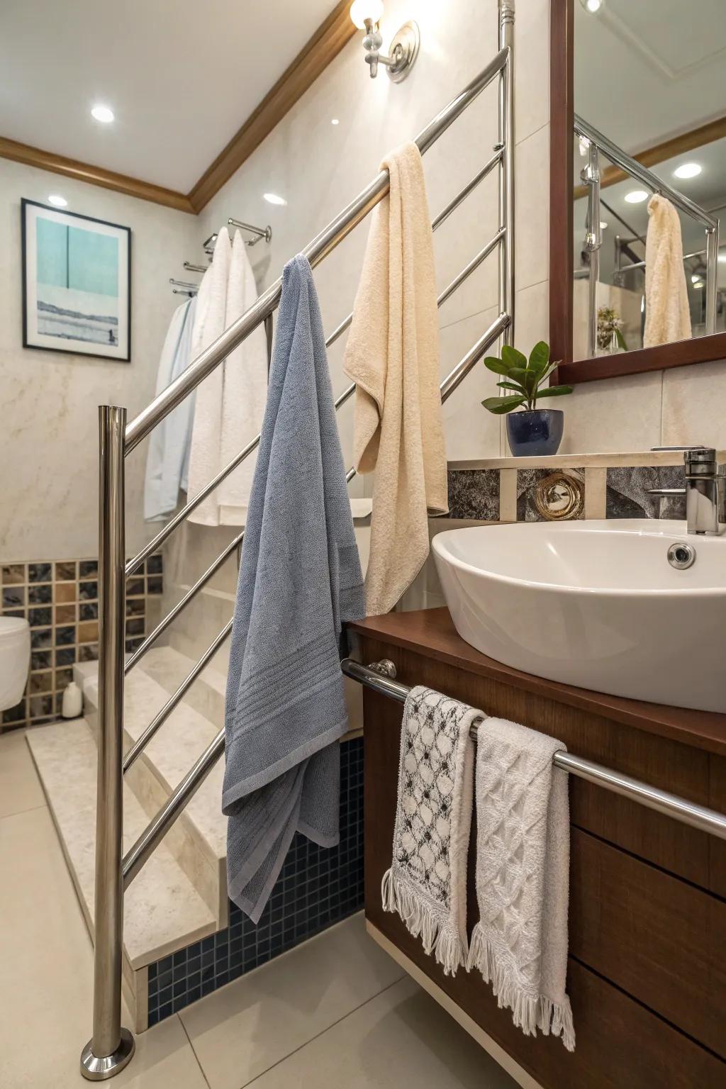 Railing systems provide adaptable and versatile towel arrangements.
