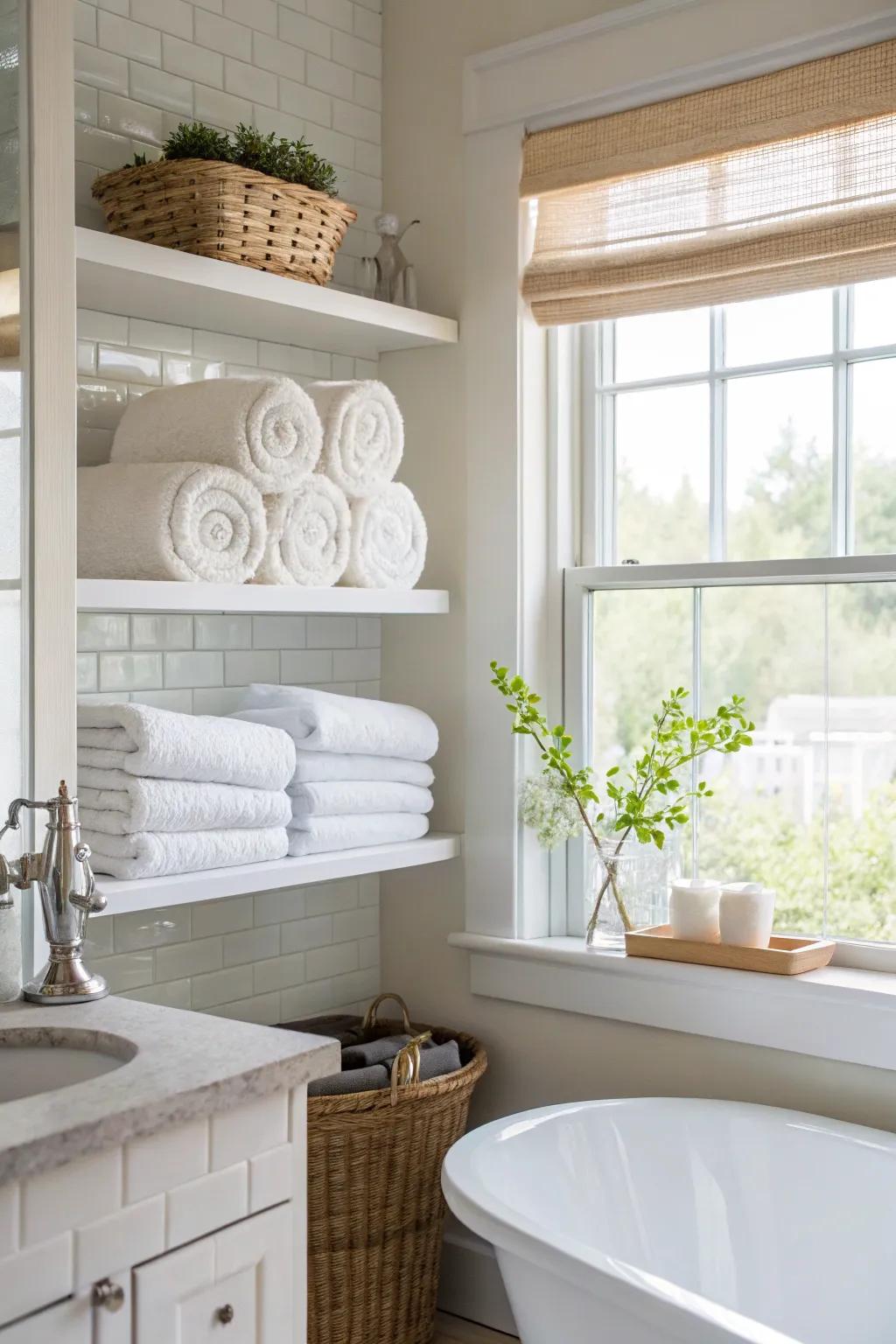 Shelves over the window provide unexpected storage options.