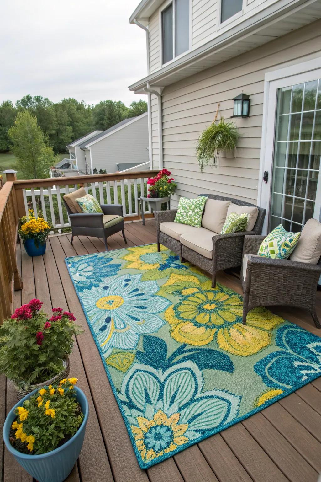 Exterior rugs provide fashion and comfort, allowing your deck to feel like an extension of your residence.