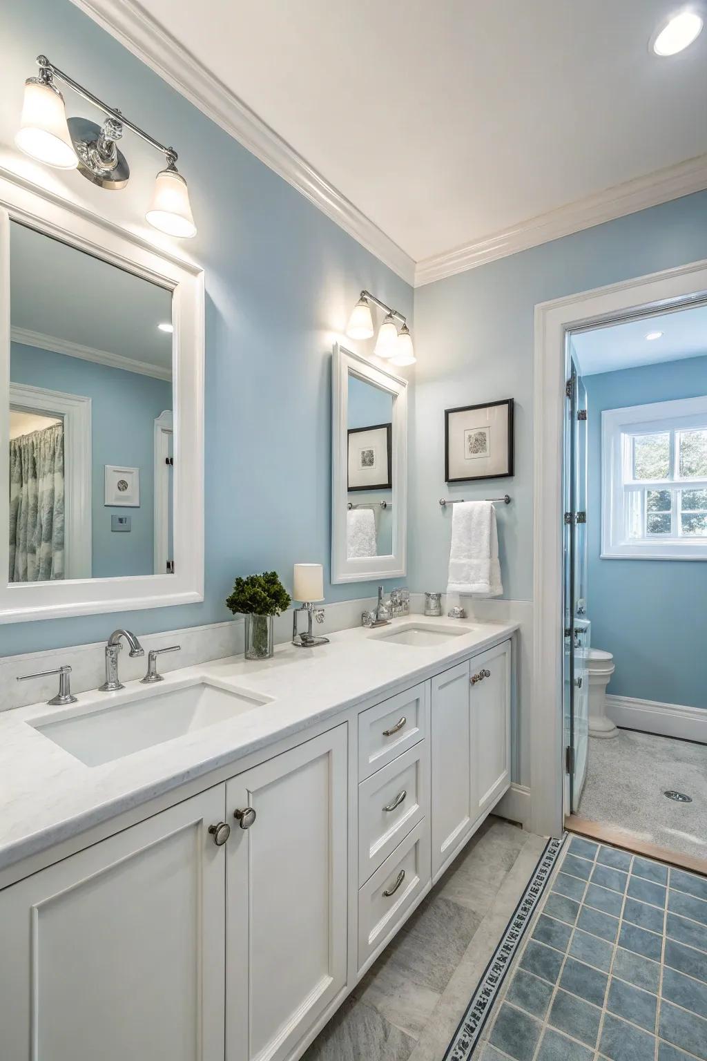 A townhouse washroom featuring soothing blue walls for a serene sensation.