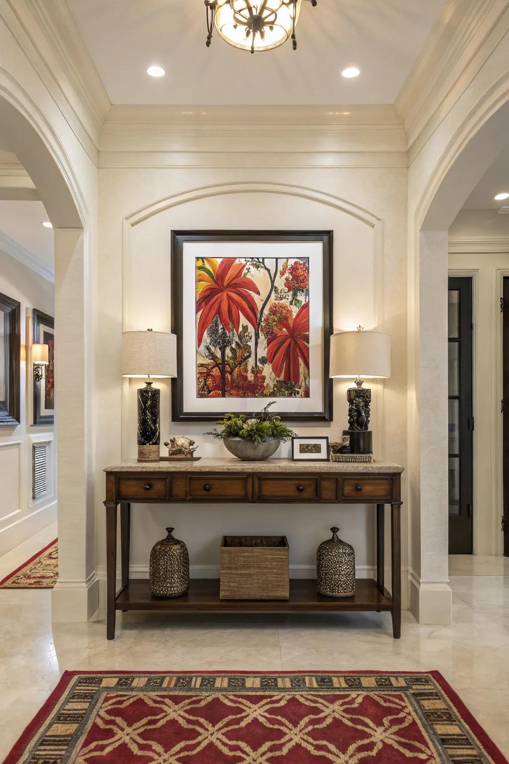 Artwork can develop into the captivating focal point of your entryway.