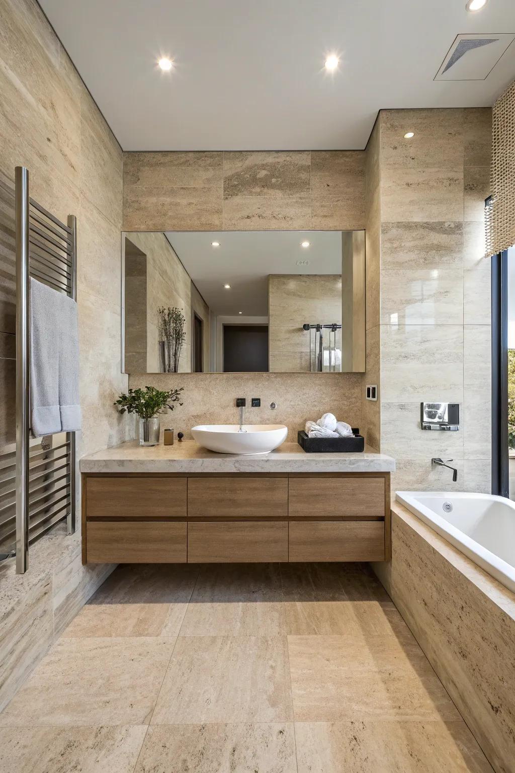 A contemporary travertine bathroom highlighting a streamlined elevated console.
