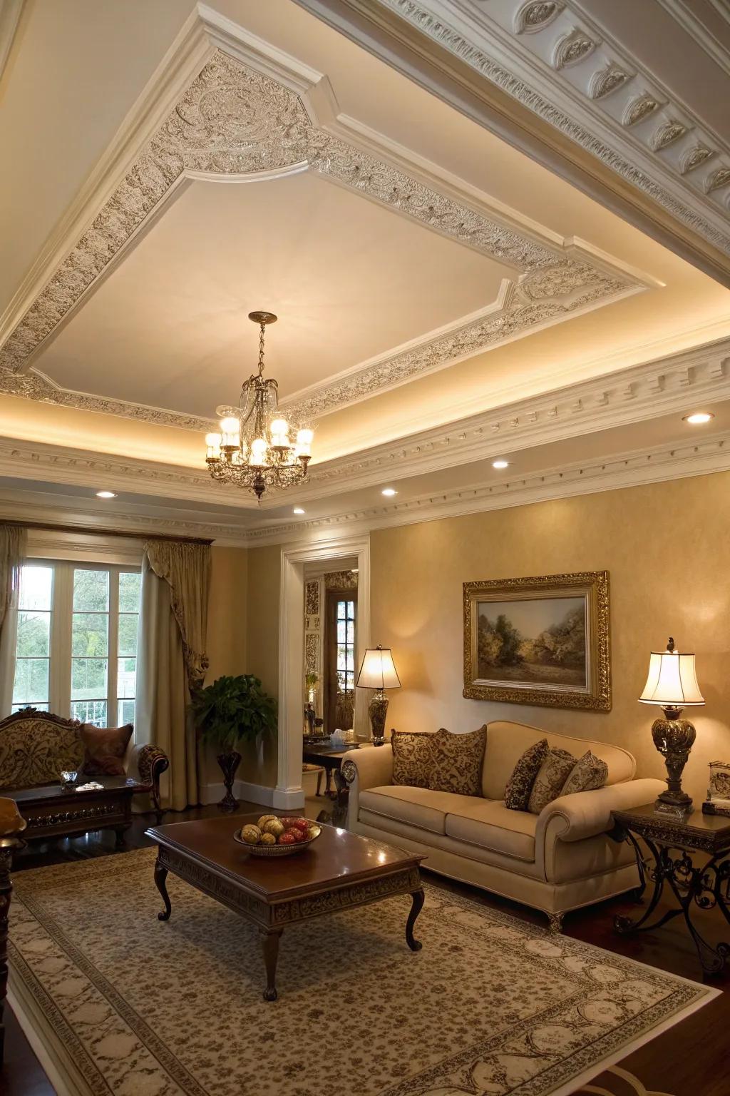 A living room showcasing the elegance of a tray ceiling complemented by elaborate crown edging.