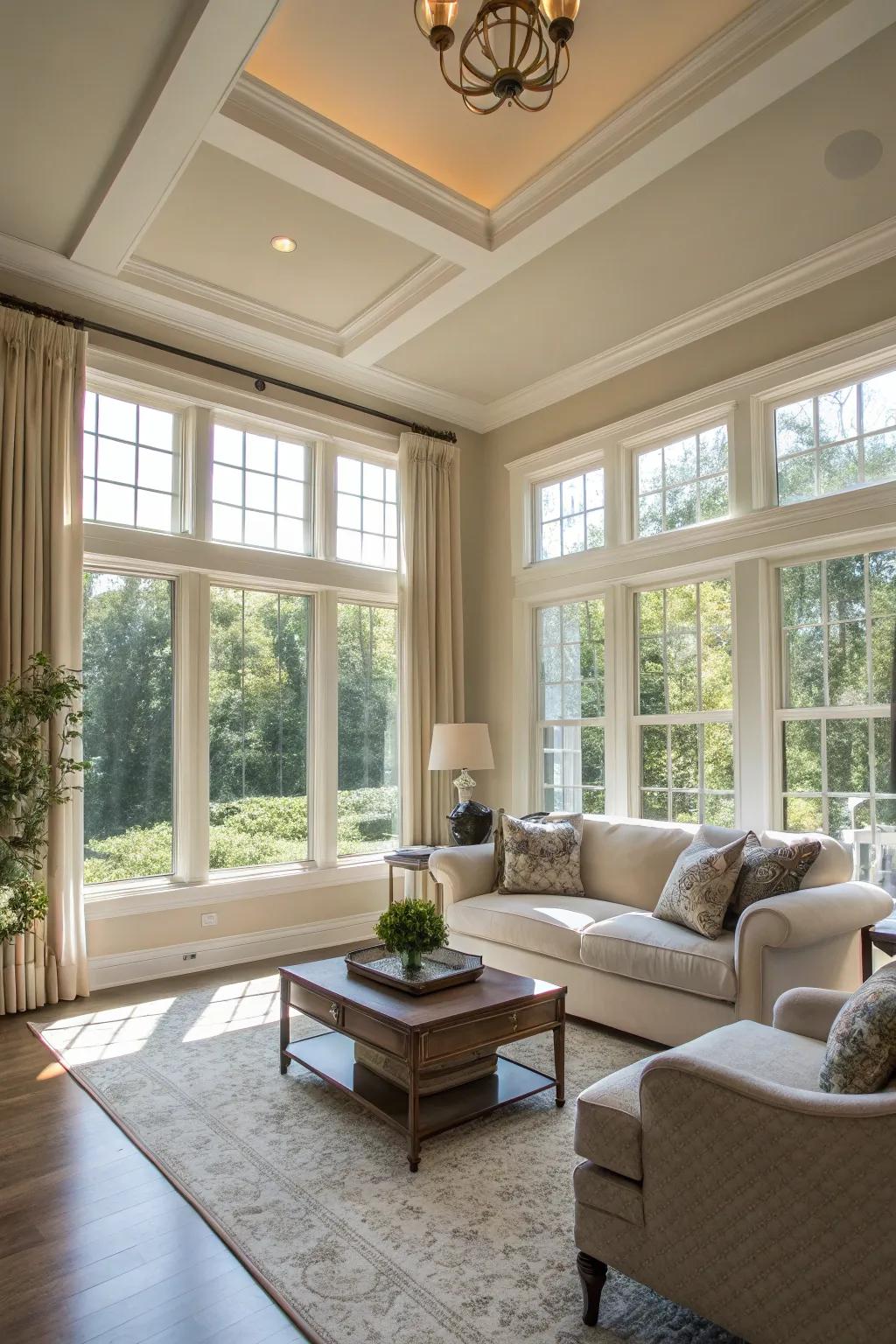 A living space with a tray ceiling designed to maximize natural light.