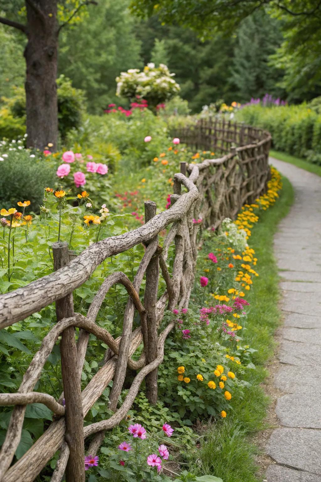 Braided limbs create a fanciful garden boundary.