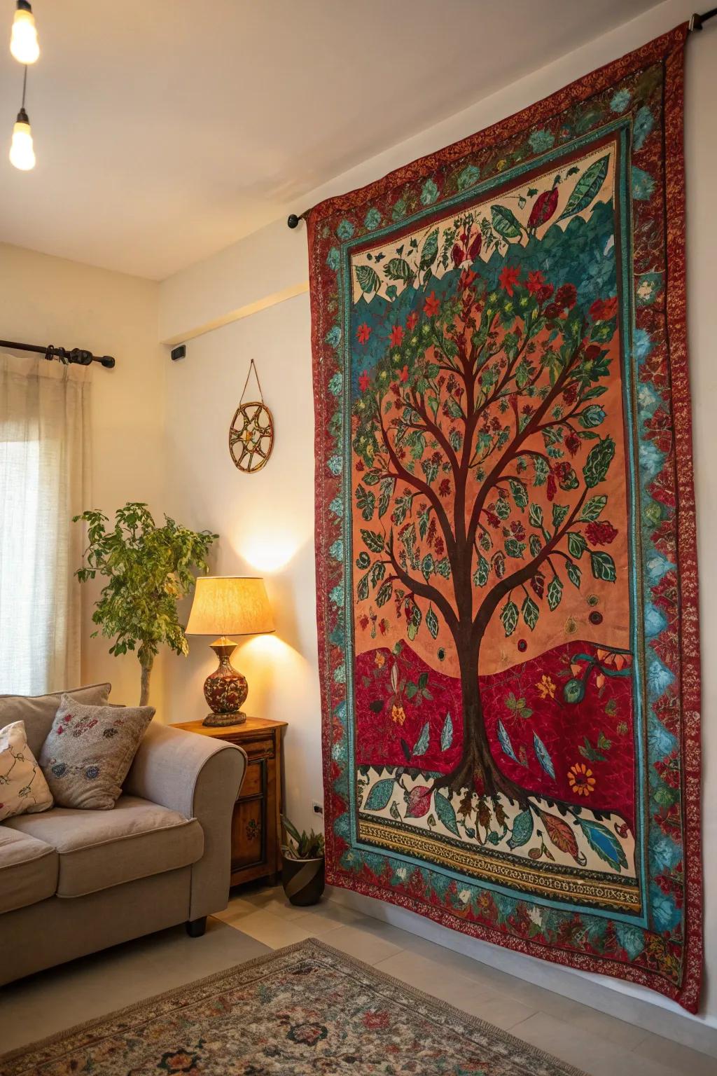 Vibrant Arbor Vitae wall hanging enlivens a living room wall.