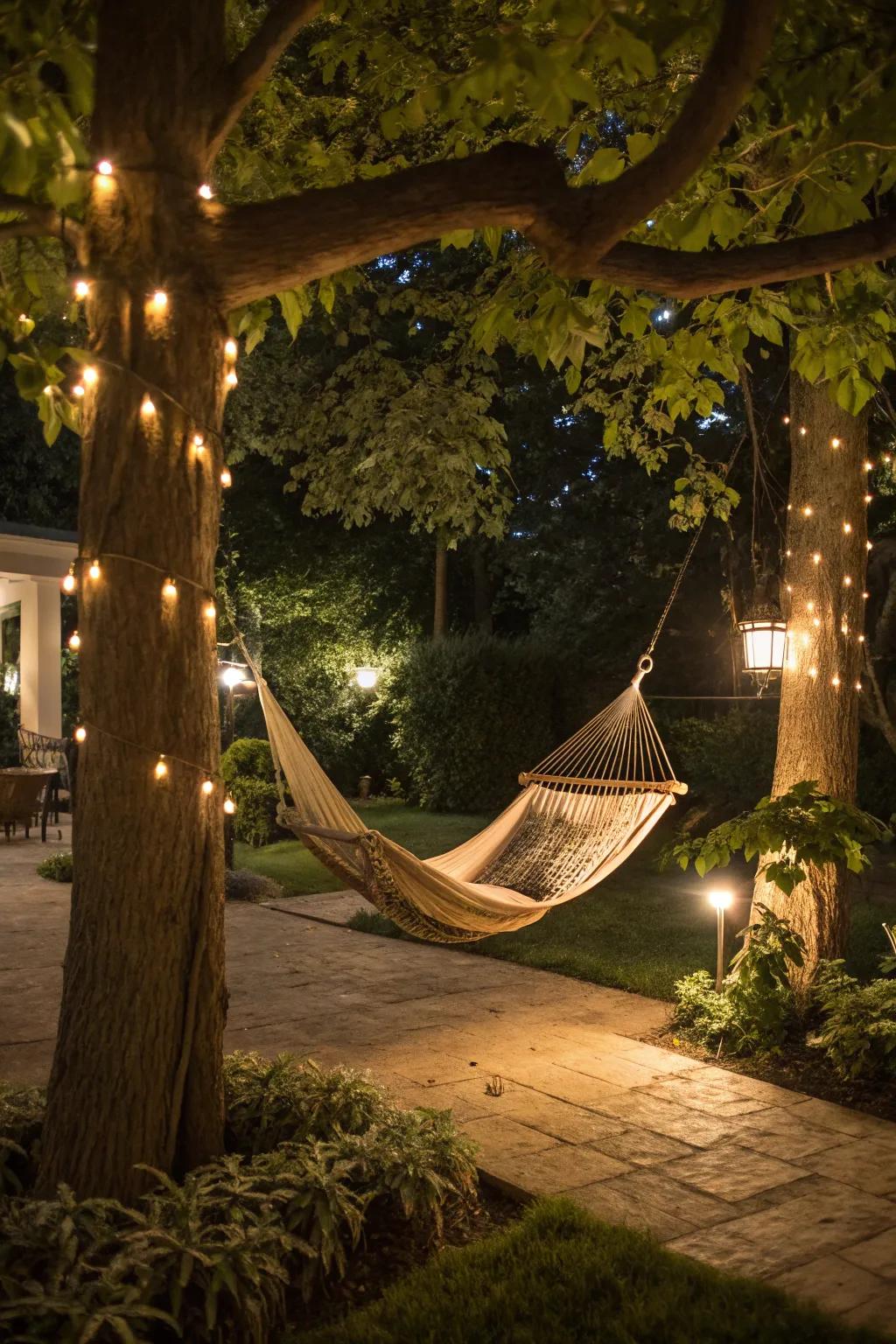 Fashion a cozy hammock haven with subtle lighting.