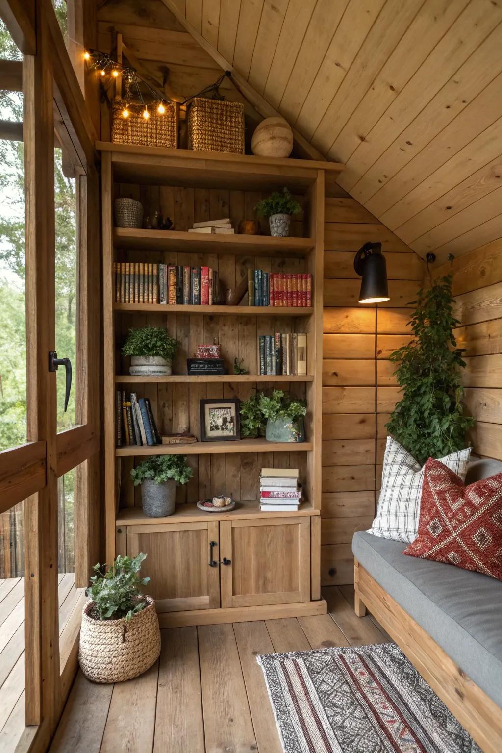Organized storage solutions inside a treehouse, with incorporated shelving for organized display.