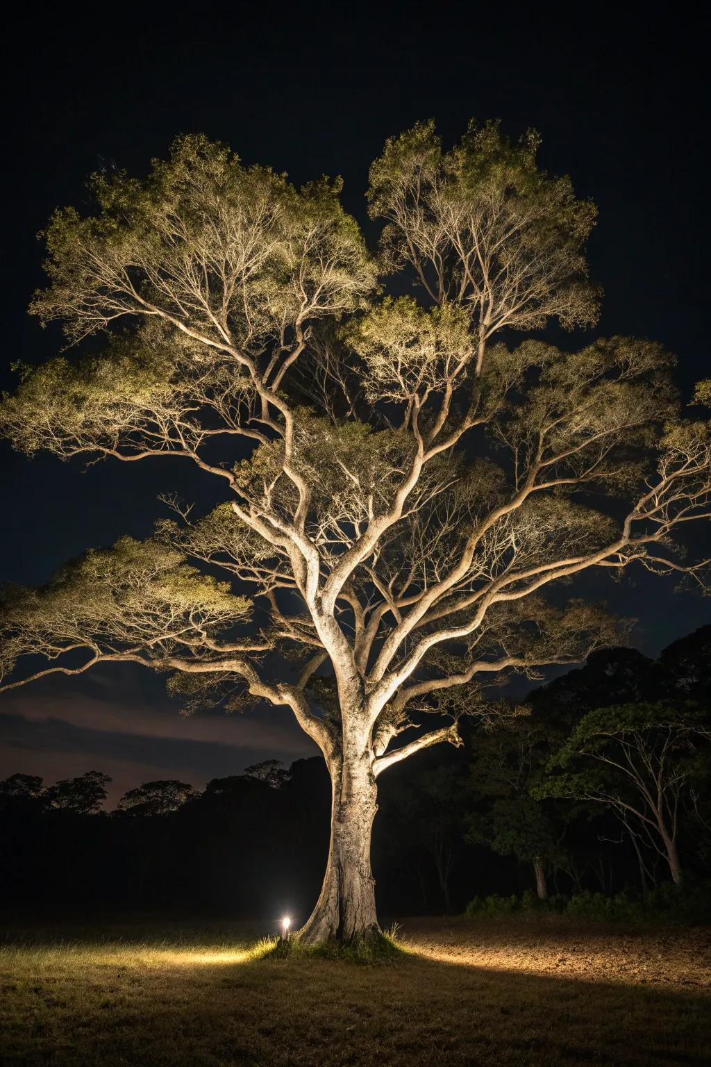 Lighting directed upwards enhances the inherent beauty of garden trees.