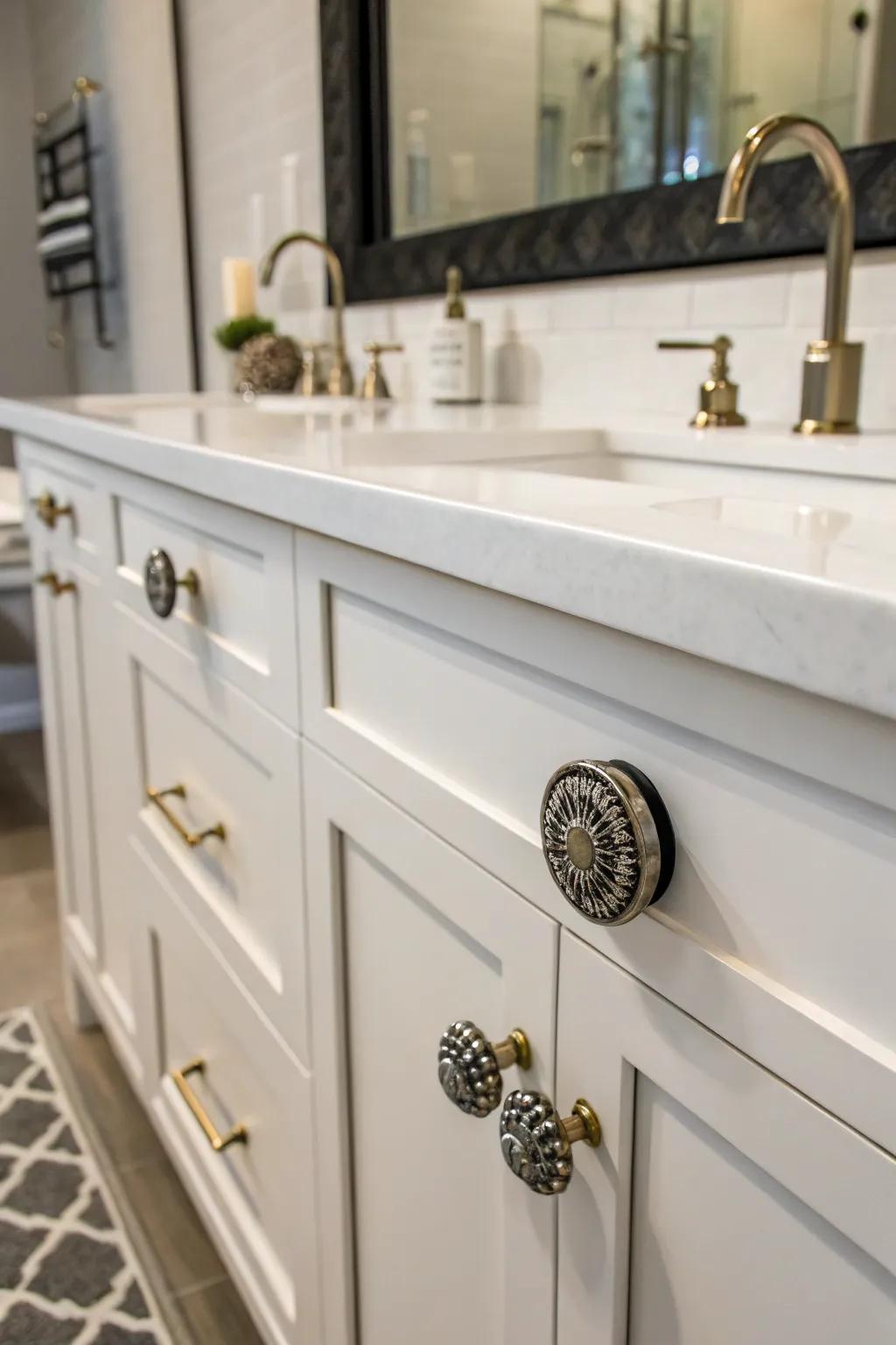A bathroom vanity showcasing distinct hardware to incorporate a personalized touch.