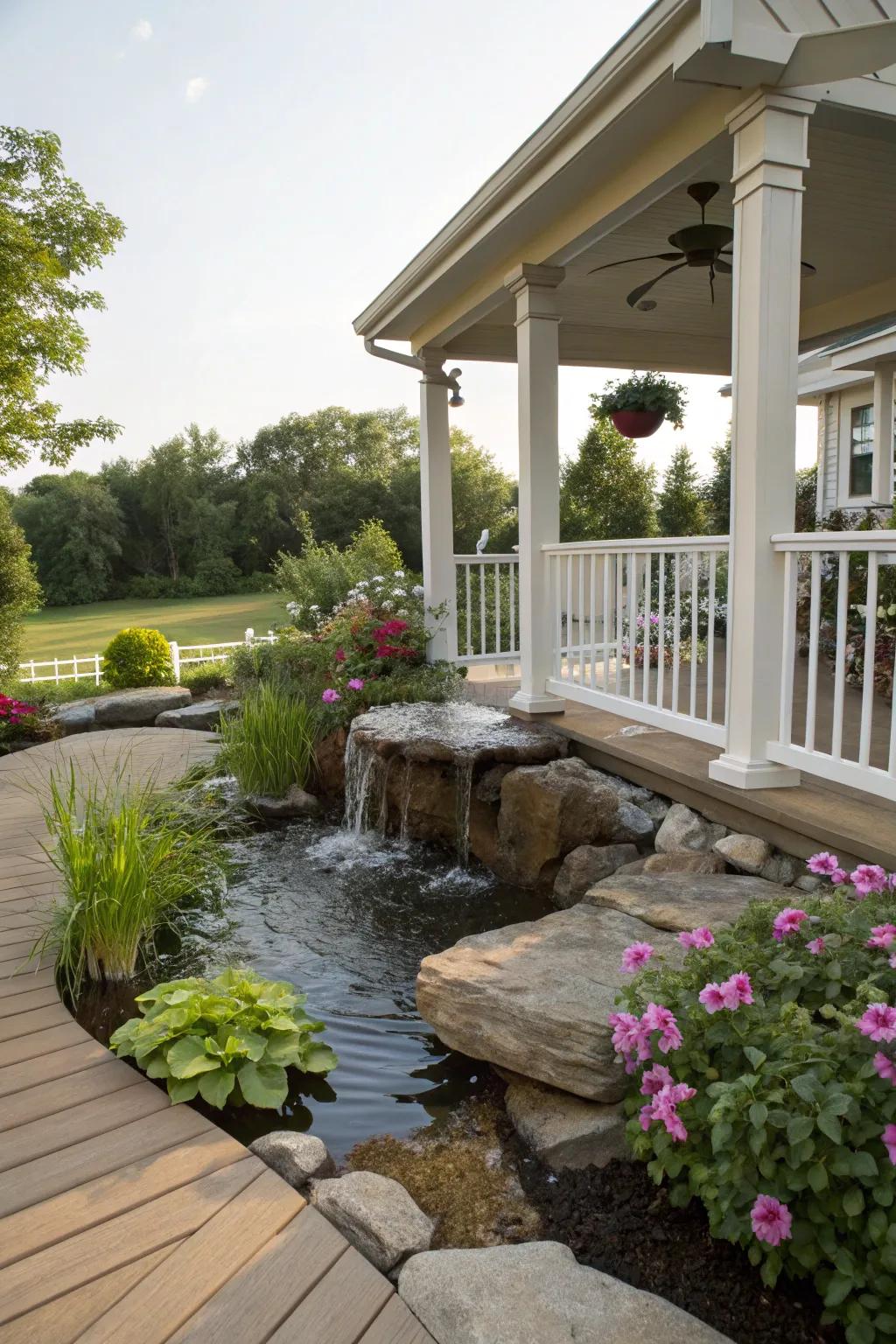Bring calmness to your porch with a soothing water feature.