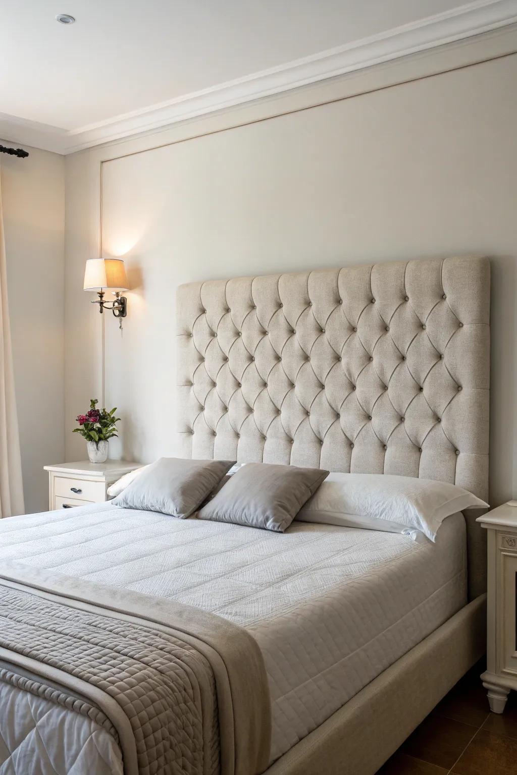 A minimalist bedroom with a sleek tufted headboard.